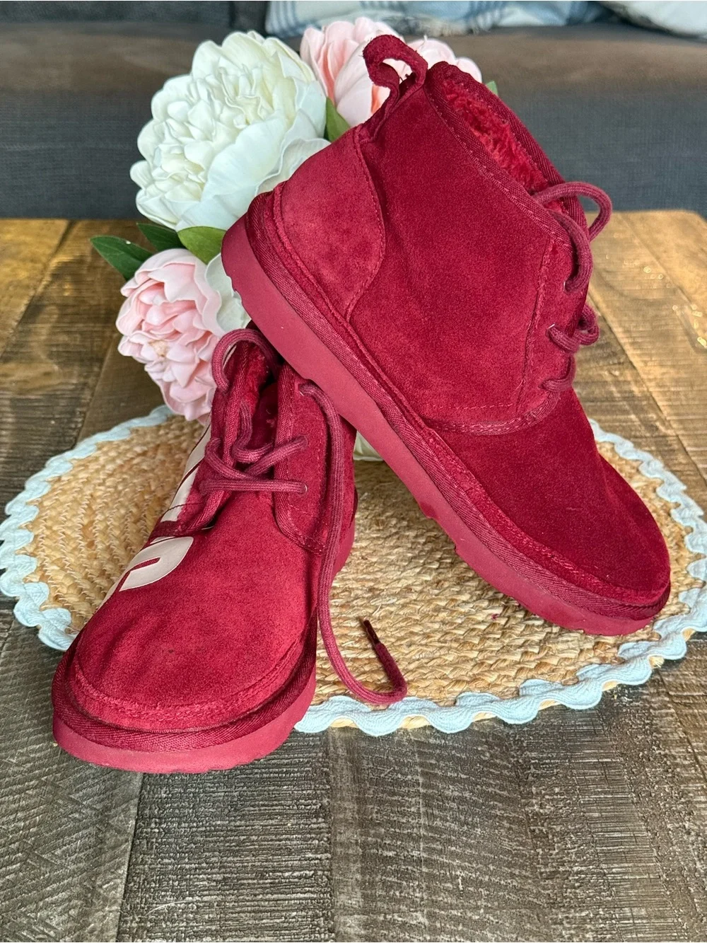 UGG Kids Burgundy Suede Logo Ankle Boots